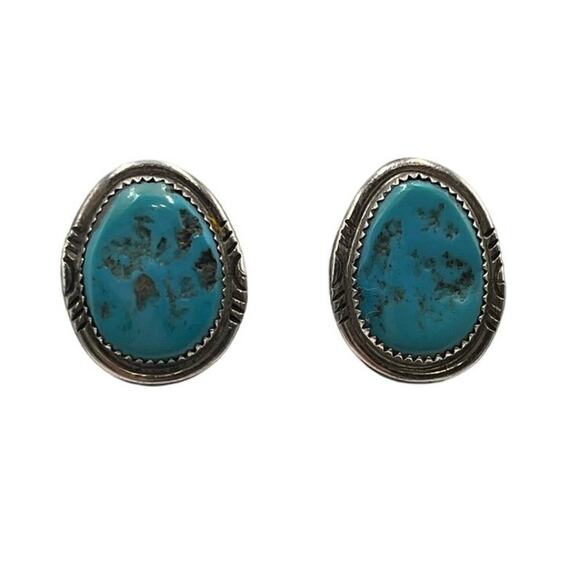 Vintage Navajo Sterling Kingman Pyrite Turquoise Artist Signed GD Clip Earrings - Picture 3 of 10